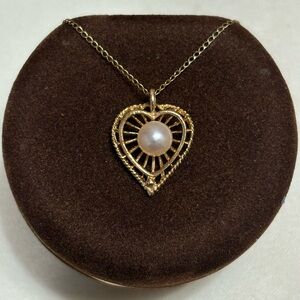 Vintage 14k Gold Heart Basket Pearl Necklace